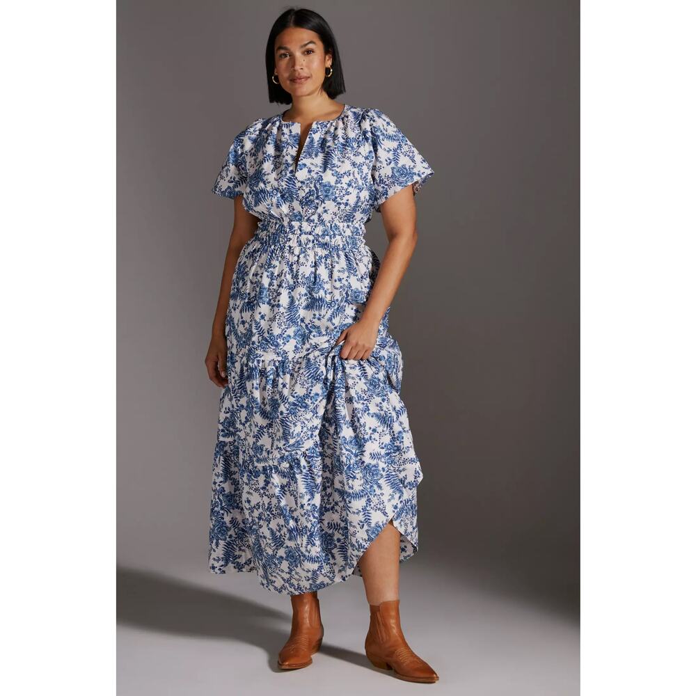 nwt by ANTHRPOLOGIE sz XL Somerset Maxi Dress Delft Blue Motif